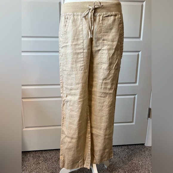 Bella Dahl SM Women’s Tan Linen Stretch Waist Wide-Leg Pants w Pockets - Picture 2 of 6